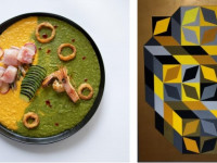 Chef Solange López y Tridim-Cristal III de Víctor Vasarely, Hungría-Francia